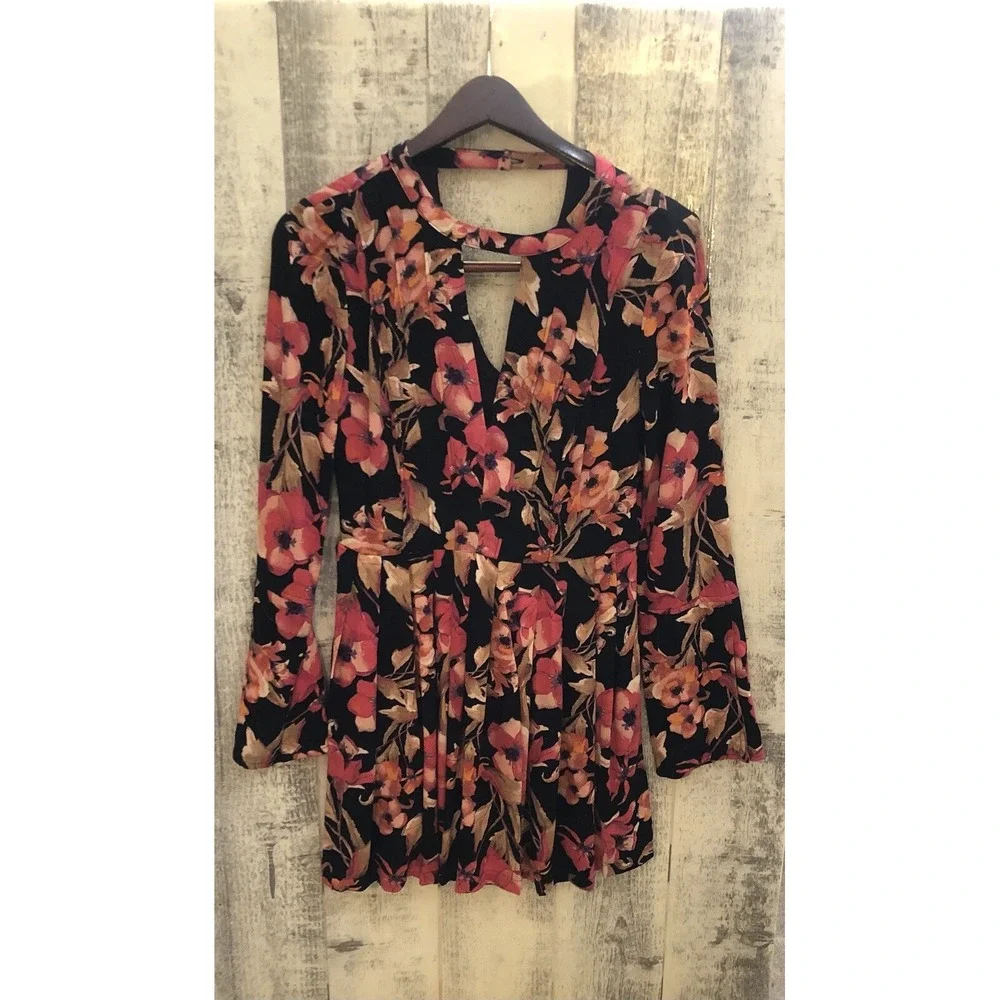 FREE PEOPLE‎ NWT Size 0 Tegan Orange Floral Pleated Mini Dress Tunic Spring Fall